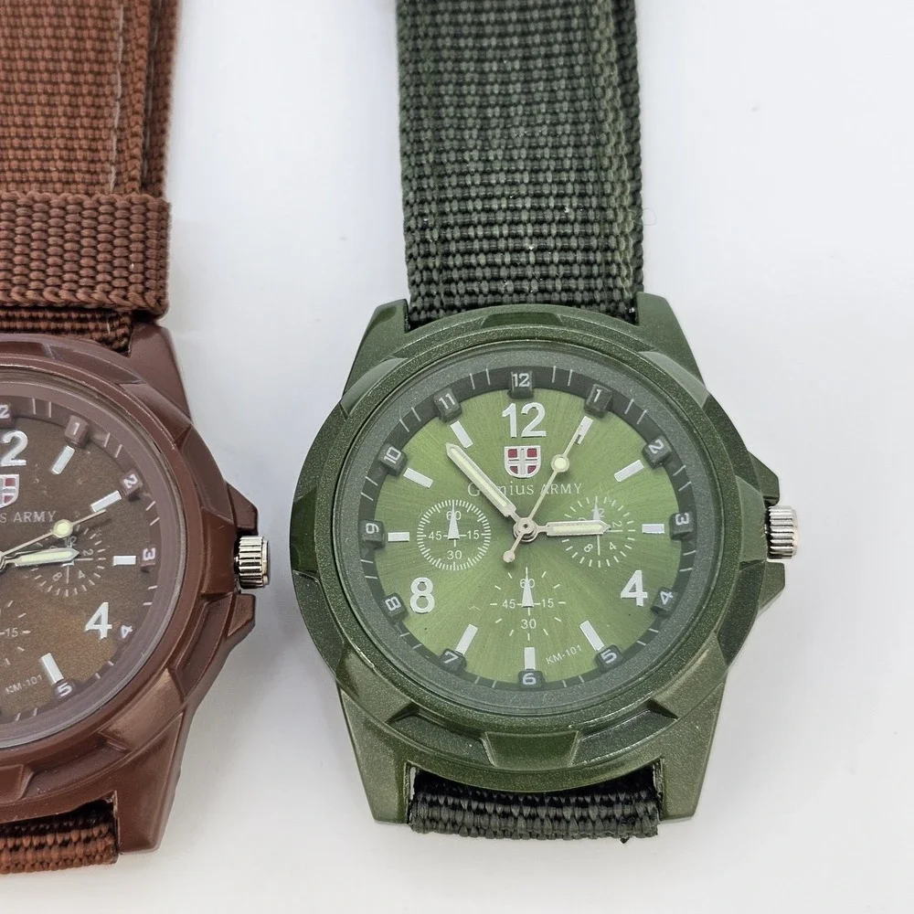 2X Gemius Army Men's Watch 40MM Brown Green Dial Nylon Canvas Bands New‎ Battery